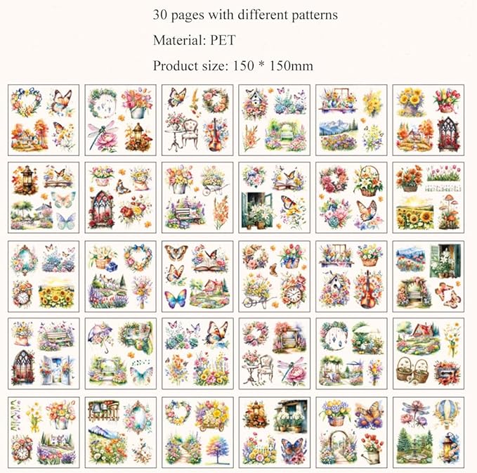 MAFELOE 30 Pages PET Scrapbook Stickers of Creative Flowers Theme, Aesthetic Deco Journaling Supplies for Junk Bullet Diary Album Calendars-Orange (Y3-P-WSSL)