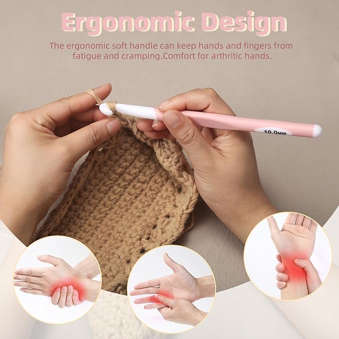 10mm Large Crochet Hook,Ergonomic Crochet Needle for Arthritic Hands, Extra Long Rubber Handle Crochet Hooks for Knitting Sweaters, Shawls and Carpets