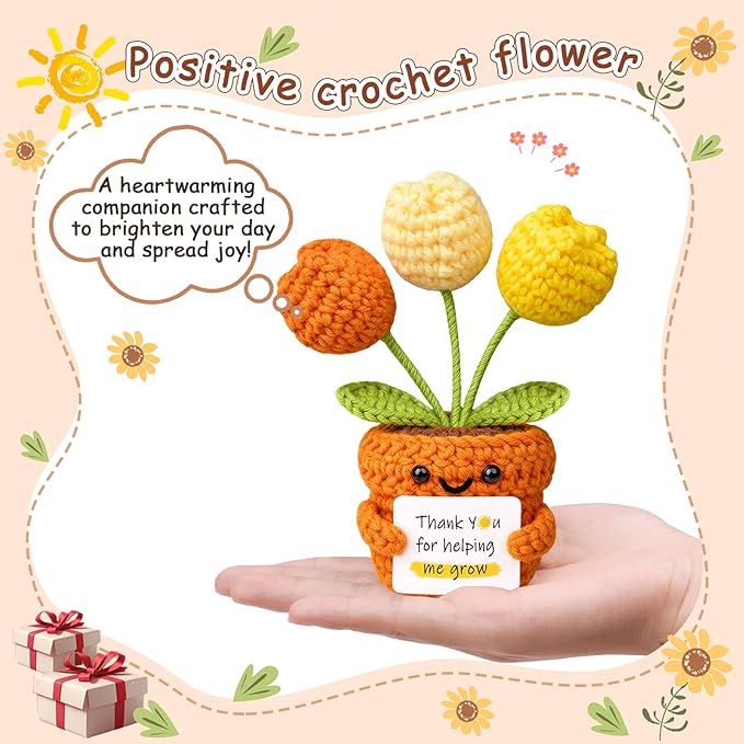 Positive Crochet Tulip Flower, Handmade Emotional Support Knitted Tulip Flowers Inspirational Gift for Women - Thank You, Appreciation, Positive Gift for Teacher, Mom, Friend, Coworker