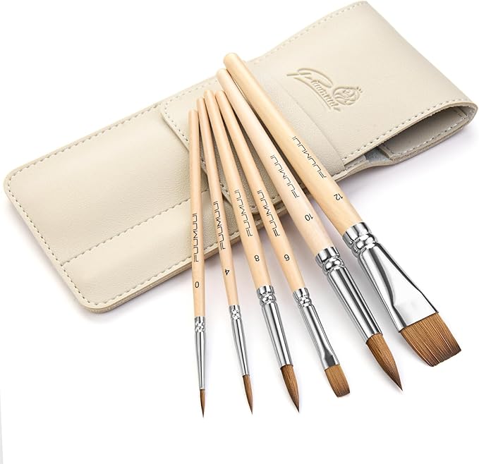 Sable Travel Watercolor Brushes, Fuumuui 6pcs Kolinsky Sable Watercolor Travel Brushes with Short Handles - Detail Liner Pointed Round Flat Wash Mop for Watercolor Gouache Ink Painting