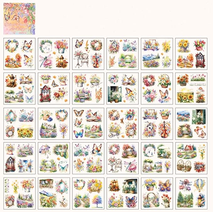MAFELOE 30 Pages PET Scrapbook Stickers of Creative Flowers Theme, Aesthetic Deco Journaling Supplies for Junk Bullet Diary Album Calendars-Orange (Y3-P-WSSL)