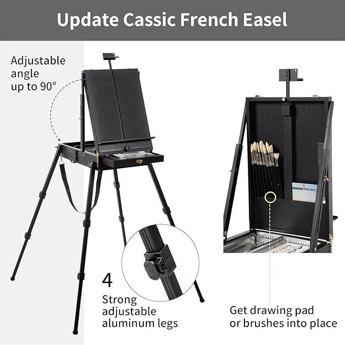 Falling in Art 4 Legs French Easel - Portable Plein Air Studio Easel Stand with Bigger Storage Drawer, Full Size Sketchbox Travel Easel for Painting, Drawing, Artwork Display
