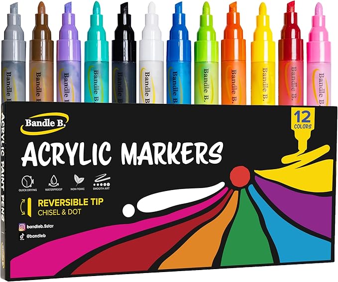 Bandle B. Acrylic Paint Markers – Set of 12 Paint Pens for Art, Fabric, Coloring, and Journaling–Quick-Drying, Waterproof, Non-Toxic, Reversible Chisel-Dot Tip