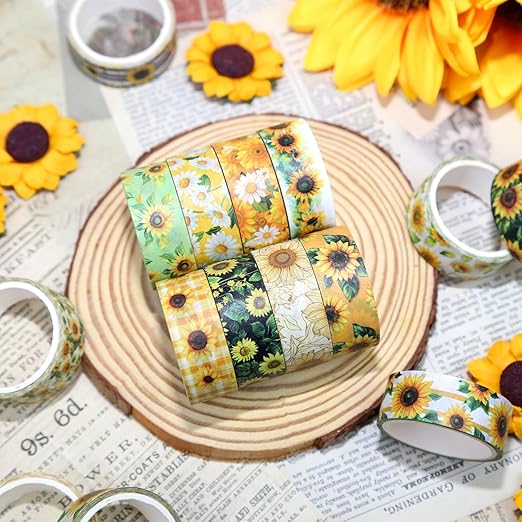 16 Roll Washi Tape Set, Sunflower Design, 3m x 15mm, Multicolored, Water Resistant, Repositionable, Arts And Craft Tape