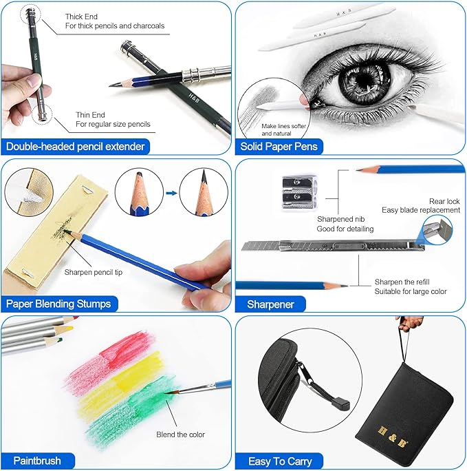 H & B 72PCS Drawing Supplies, Sketching Art Kit with A5 Sketchbook - Includes Graphite, Charcoal, Watercolor Pencils for Adults, Teens, Beginners & Kids