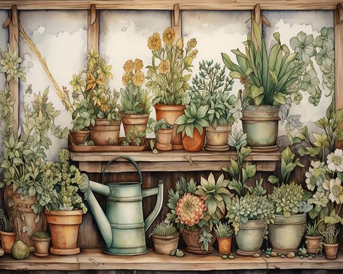 Vintage Wood Gardening Painting Paint by Number Rustic Garden Scenery with Plants DIY Painting on Canvas with Brushes Acrylic Paints Paint by Numbers for Adults and Beginner 16x20 Inch（without Frame）