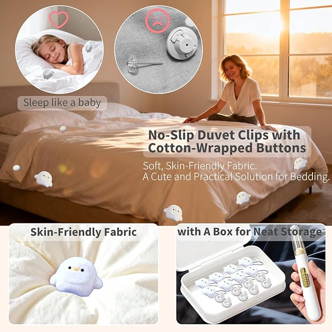 8 Pcs Duvet Clips with Pins Quilt Fixer,Non-Slip Duvet Cover Clips,Duvet Clips to Hold Comforter Inside,No Needles，Penguin Pattern(Inc Hook Tool,Storage Box)(White)