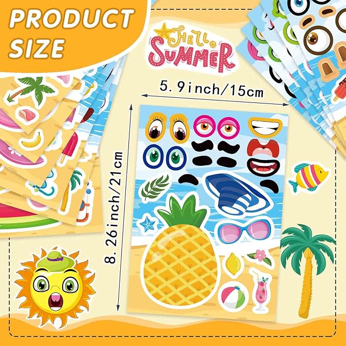 24 Sheets Summer Make a Face Sticker for Kids, Hawaii Tropical Pool Beach Stickers, Make Your Own Sticker with Pineapple Flamingo Beverage, Summer Holiday Party Favors