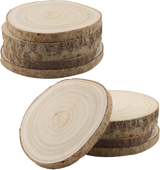 KINJOEK 10 PCS 7-8 Inch Large Natural Wood Slices with Bark, Unfinished Wooden Coasters Circles, Blank Round Wood Ornaments Slices Bulk for Centerpieces Craft Wedding Party Christmas Decor