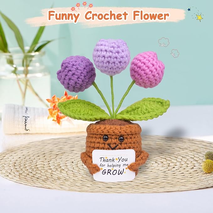 Positive Crochet Tulip Flower, Handmade Emotional Support Knitted Tulip Flowers Inspirational Gift for Women - Thank You, Appreciation, Positive Gift for Teacher, Mom, Friend, Coworker