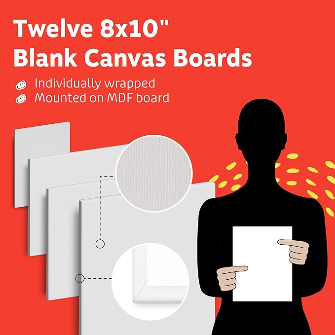 Artlicious Canvases for Painting 12 Packs - 8 x 10” Blank Canvas 100% Cotton Painting Canvas Panels for Acrylic, Oil & Watercolor Paint for Canvas Painting