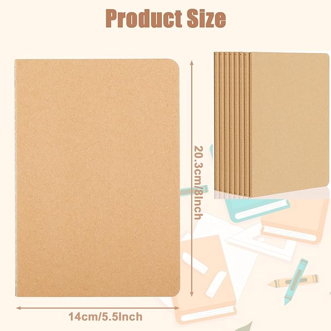 8 Pack Kraft Notebooks Bulk, Blank Travel Journal Set, Unlined Paper Sketchbooks Subject Notebooks, A5 Notebook for Traveler Drawing Writing Office Work, 68 Pages, 34 Sheets, 8” X 5.5”