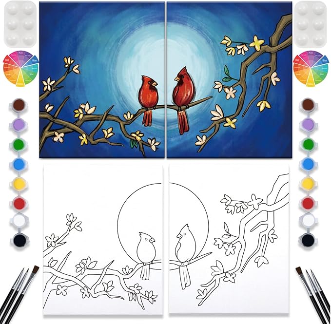 VALLSIP 2 Pack Paint and Sip Black Canvas Painting Kit Pre Drawn Canvas for Painting for Adults Stretched Canvas Couples Games Date Night Cardinalis Winter Christmas Anniversary Couple Paint Party