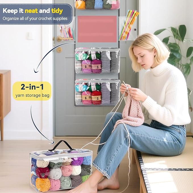 Katech Hanging Yarn Storage Organizer, Over The Door Storage w/Large Capacity Knitting Bag, Yarn Organizers with 6 Zipper Closure Compartments & Detachable Crochet Bag for Yarns Enthusiasts