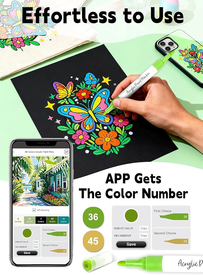 YHC 48 Colors Acrylic Paint Pens with Free App, Dual Tip Acrylic Paint Markers with Brush Tip and Fine Tip for Adults, Eggs, Wood, Rock, Canvas, Plastic, Stone, Glass, Ceramic