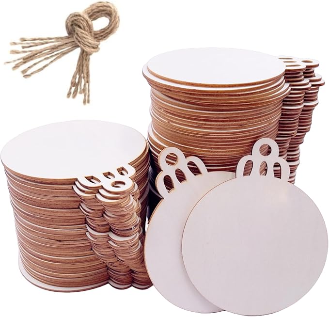William Craft 100PCS 4" x 4.7" Inch DIY Wooden Christmas Ornaments Unfinished Predrilled Wood Slices Circles for Crafts Round Centerpieces Discs Holiday Hanging Decorations