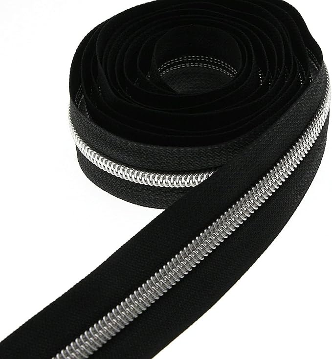 #5 Silver Metallic Nylon Coil Zippers by The Yard, Black Tape Bulk 10 Yards with 25PCS Silver Sliders Pulls for Sewing Crafts Bags YIGUANXIN