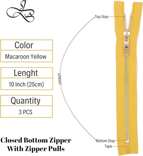 #5 Gold Metal Zipper - 50+ Colors - 3 PCS - (4-14 inches) Sizes - Luxury Lightweight Handcraft Metal Zippers with pulls for Purses Bags Pockets Shoes Sewing & Crafts DIY ZP021110