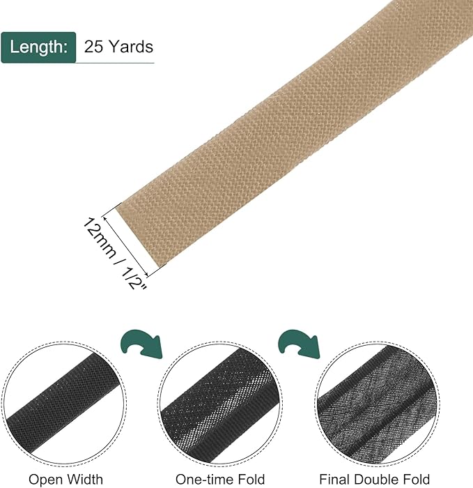 MECCANIXITY 1/2 Inch Double Fold Bias Tape Polyester Continuous Bulk Bias Tape for Sewing,Seaming Quilting Hemming Binding Crafts (Khaki 25 Yards)