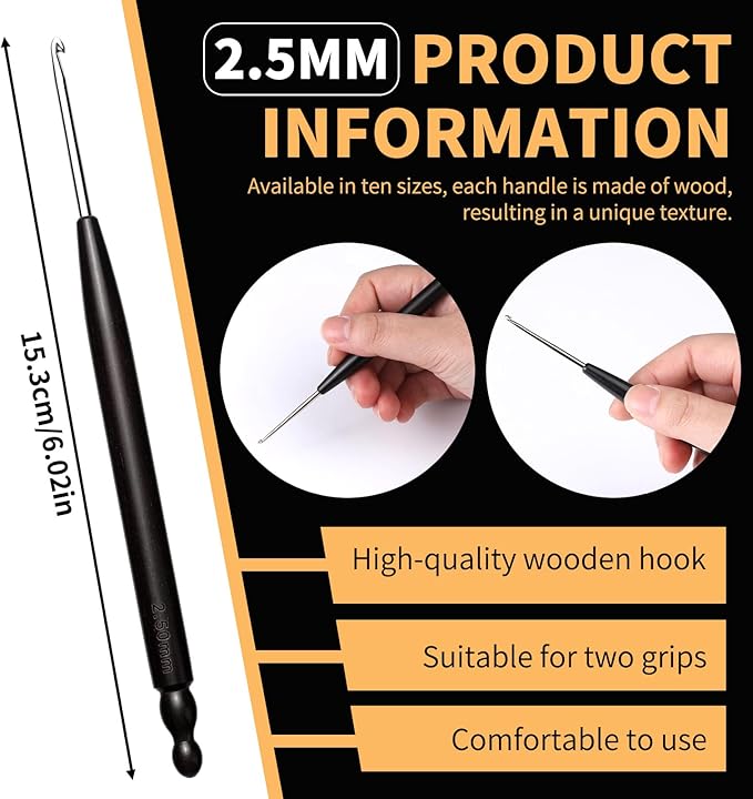Hssugi Crochet Hooks, 2.5mm Small Crochet Hooks for Arthritic Hands with Wooden Handle, Ergonomic Crochet Needles for Beginners and Crocheting Yarn