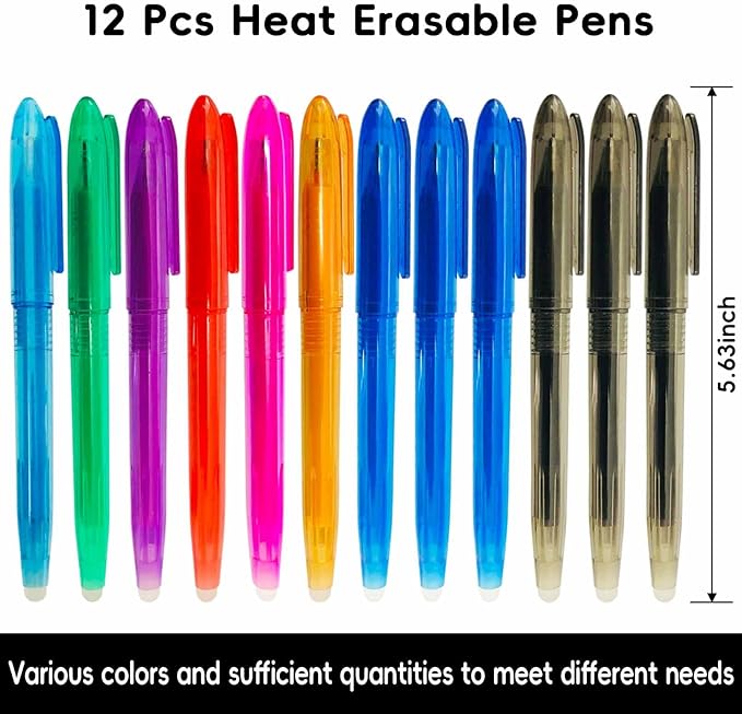 Jauisus 12 Pcs Heat Erasable Pens for Fabric, 0.5mm Heat Erasable Fabric Marking Pens for Sewing, DIY Dressmaking Embroidery Pen Fabric Markers Sewing Accessories Supplies Quilting Gifts (8 Colors)
