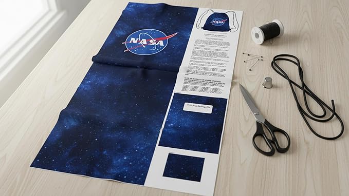 Northcott NASA Logo DIY Drawstring Bag Sewing Kit – Space-Themed Fabric Craft Project for Adults – Includes 24" x 43" Dark Blue Canvas Panel & 12ft Nylon Paracord – Create 17" x 13" Handmade Bag