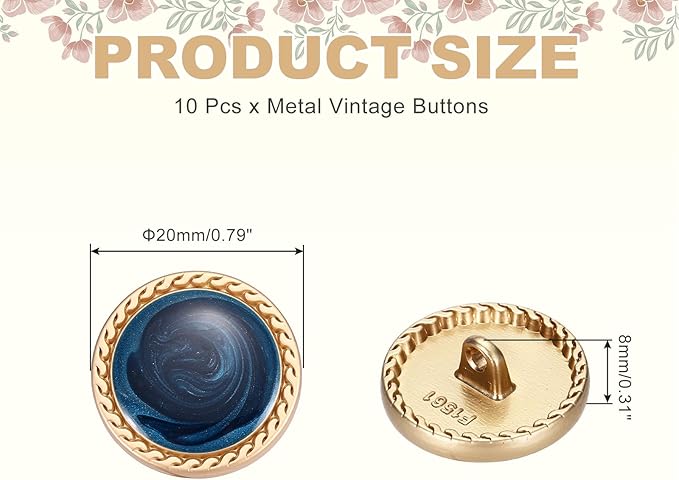 MECCANIXITY Metal Vintage Gold Button 20mm Round Metal Sewing Button Alloy Shank Replacement for Women's Suit Woolen Coat Shirt Dress Sewing Dark Blue Pack of 10
