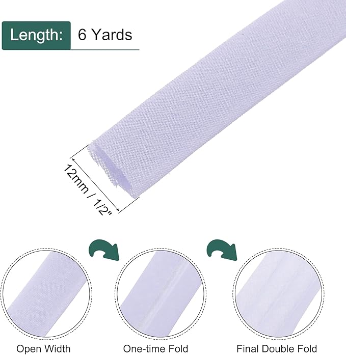 MECCANIXITY 1/2 Inch Double Fold Bias Tape Continuous Bulk Cotton Bias Tape for Sewing Seaming Quilting Hemming Binding Crafts (Light Purple 6 Yards)