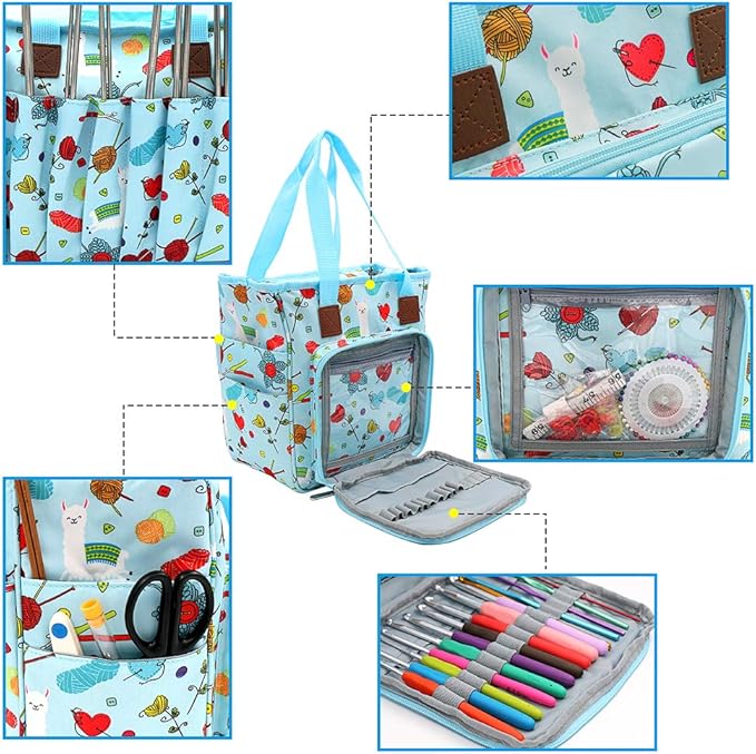 SumDirect Yarn Bag, Knitting Organizer Tote Bag Portable Storage Bag for Yarns, Carrying Projects, Knitting Needles, Crochet Hooks, Manuals and Other Accessories (Cute Blue)