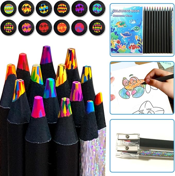 Rainbow Pencils Set 14Pcs with Coloring Book, Thicker Colored Pencil Sturdy Black Wood Art School Supplies, Gift for Kids Boys Girls Christmas Stocking Stuffers Birthday