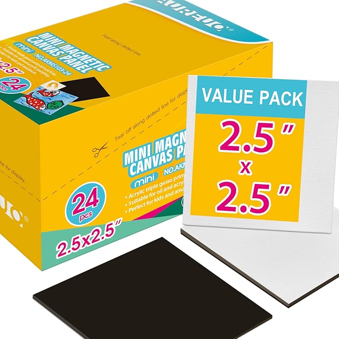 AUREUO Mini Magnetic Canvas Panel 2.5x2.5 Inch / 24 Pack - Small Square Flat Canvas Board with Magnet Back Art Gift Set Bulk Pack Tiny Thin Canvases for Christmas Painting & Craft