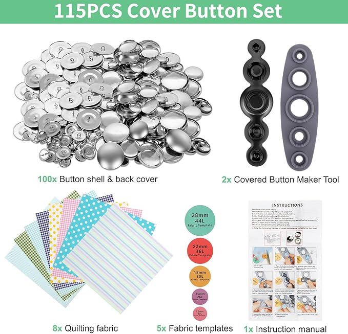 TSV Cover Button Kit with Tools, 100Pcs 5 Sizes Covered Buttons Fabric Template & 8Pcs Quilting Fabric Square Set for DIY, Clothes, Sweaters, and Crafts