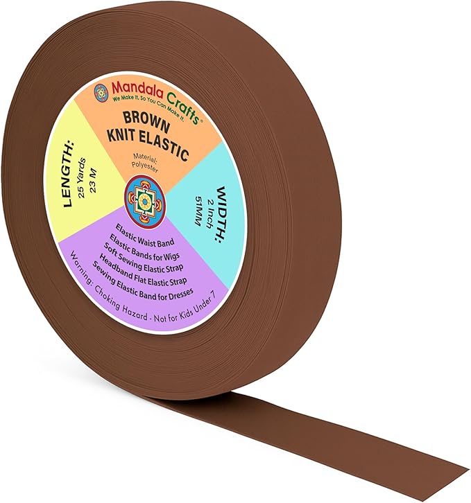 Mandala Crafts Wide 2 Inch Brown Elastic Bands Spool for Pants Waistbands Sewing and DIY Crafts, 25 YD Stretchy Flat Fabric Strap Knit Elastic Band for Wig