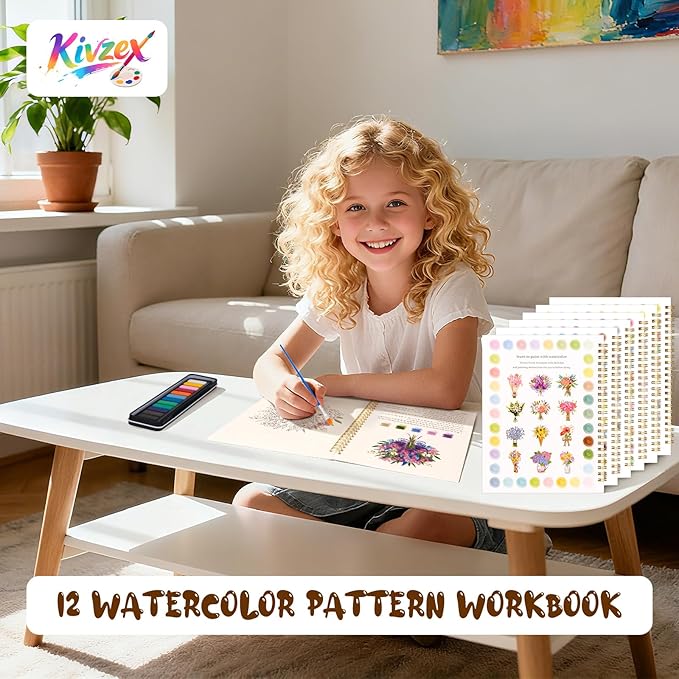 Kivzex Watercolor Workbook for Adults, Beginner Friendly Watercolor Painting Kit Bouquet Water Coloring Book, Nature-Themed Practice Art Gift Water Color Paint Book with Palette and Brush