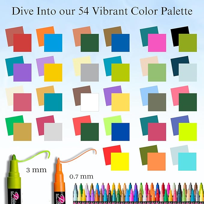 PAINTIGO 54 Colors Acrylic Paint Markers – 0.7mm Fine & 3mm Medium Tips for DIY Crafts, Rock Painting, Wood, Canvas, Glass, Fabric, Ceramic, Plastic & More