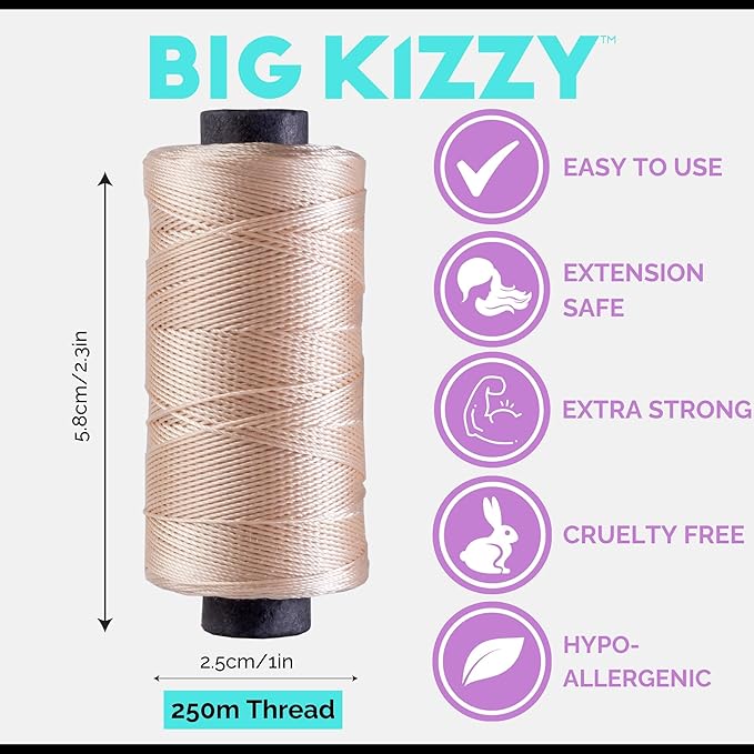 Big Kizzy Light Blonde 250m Nylon Thread for Hair Extensions, Sew in Human Hair Weft and Wigs - Non-Slip and Comfortable Hold for Hand and Machine Tied Weft