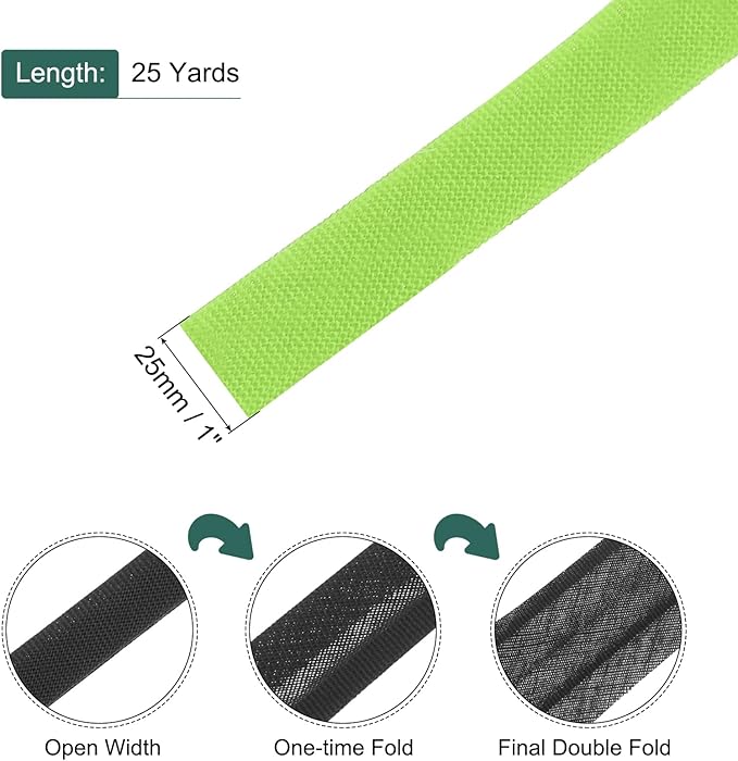MECCANIXITY 1 Inch Double Fold Bias Tape Polyester Continuous Bulk Bias Tape for Sewing,Seaming Quilting Hemming Binding Crafts (Fruit Green 25 Yards)