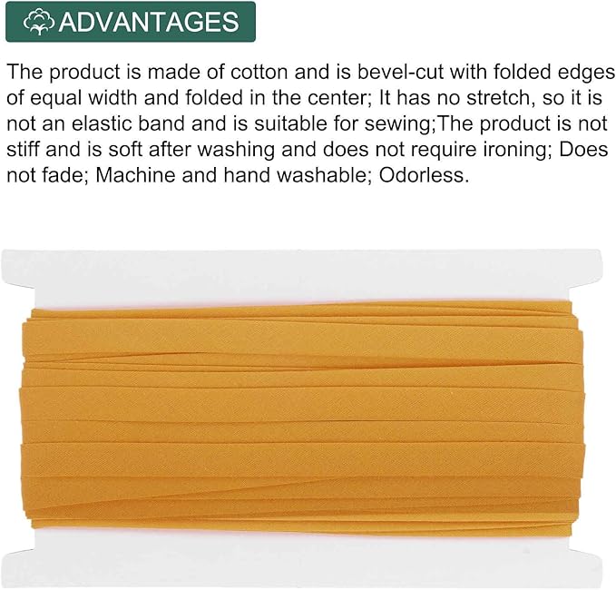 MECCANIXITY 2/5 Inch Double Fold Bias Tape Continuous Bulk Bias Tape for Sewing, Seaming Quilting Hemming Binding Crafts (Dark Yellow 12 Yards)