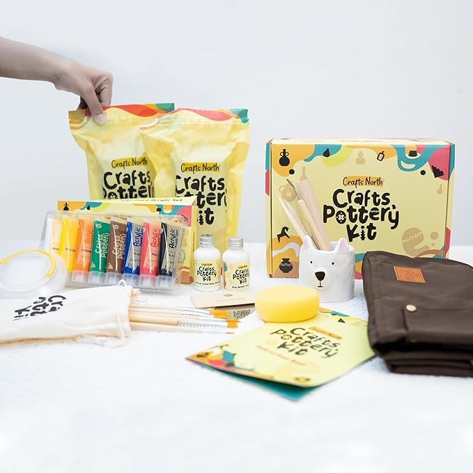 Clay Pottery Kit for Adults and Kids – Complete Air-Dry Clay Set with Tools, Paints, Apron, and Guide – Perfect for Beginners, Date Nights, and Group Activities