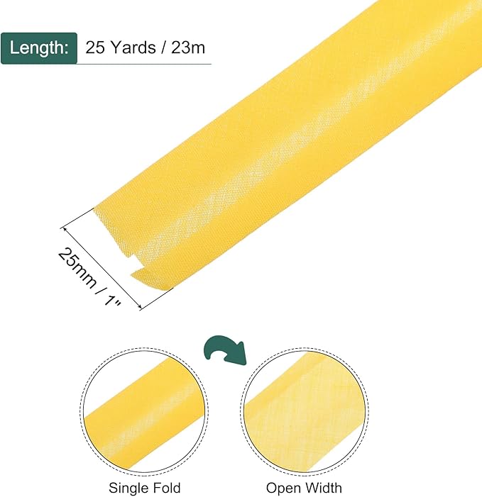 MECCANIXITY 1 Inch Single Fold Bias Tape Polyester Continuous Bulk Bias Tape for Sewing, Seaming Quilting Hemming Binding Crafts (Yellow 25 Yards)