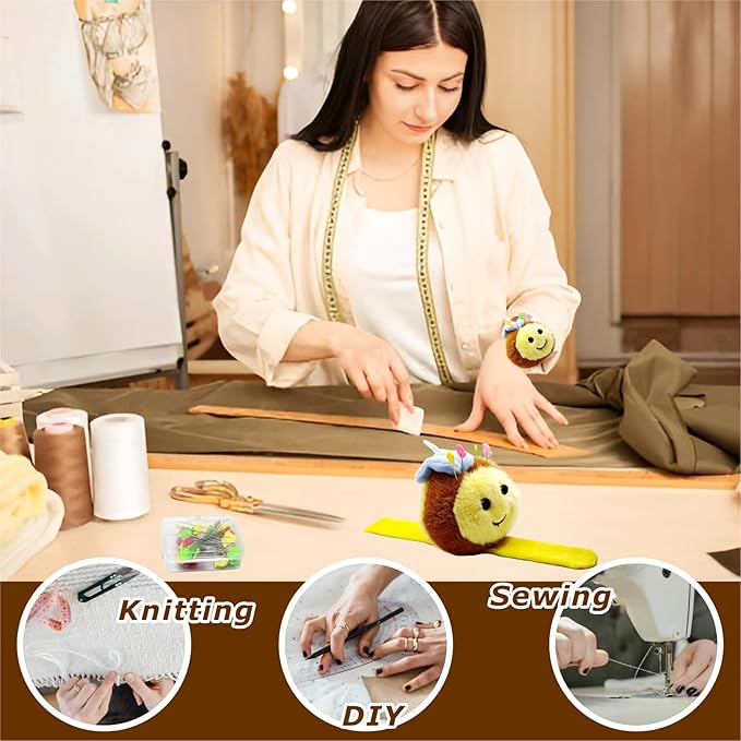 Cute Bee Wrist Pin Cushion Kit for Sewing with 50 Lovely Bird Needles,Including Threader, Thimble ＆Tape Measure for Needlework or DIY Crafts.