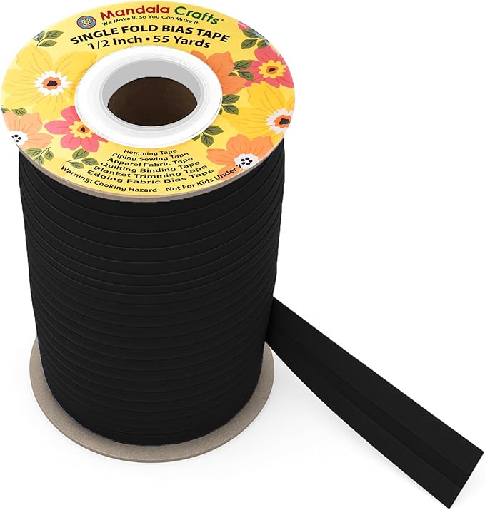 Mandala Crafts 1/2 Inch Single Fold Bias Tape for Sewing, Quilting, Piping, Hemming, Blanket & Quilt Binding – 55 Yards Black Fabric Seam Binding Tape