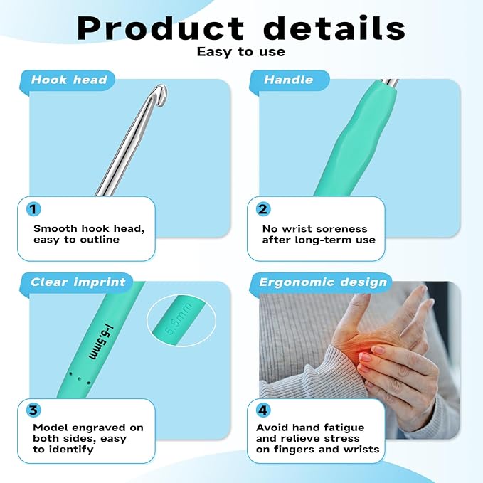 Mayboos 12 Sizes Crochet Hook Set, 53 Pack Crochet Hooks Yarn Needle Kits Knitting Needles with Ergonomic Handles for Crocheters Beginners 2.0mm~8.0mm