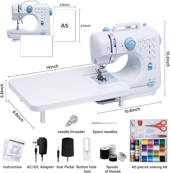 Sewing Machine for Beginners with Extension Table Portable Mini Sewing Machines Kit Supplies 12 Built-in Stitches with Needles Assorted Thread Kit Starter Kit Easiest for Adult and Kids