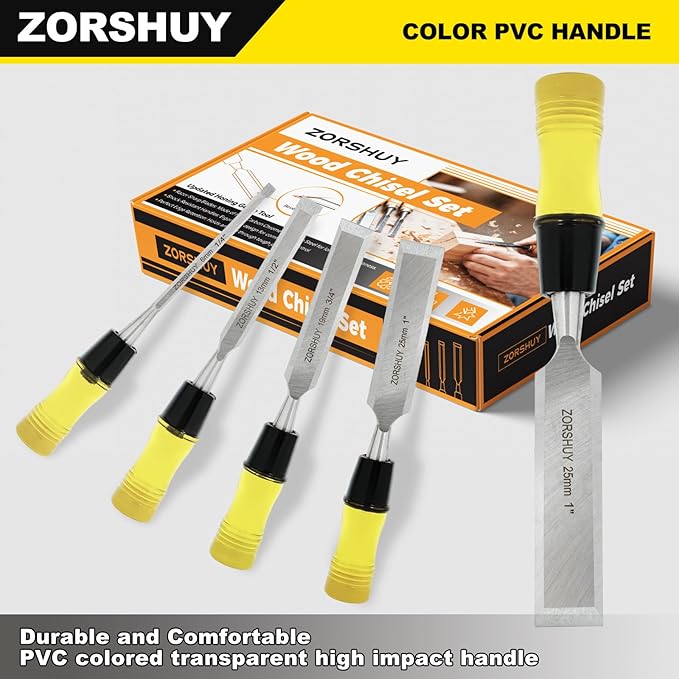 Wood Chisel Sets，4-Piece Woodworking Tools Set, for Precision Carving & DIY，CR-V Steel Beveled Edge Blades with Safety Caps,PVC High Impact Handle,Wood Tools Chisel Set(1/4", 1/2", 3/4", 1")