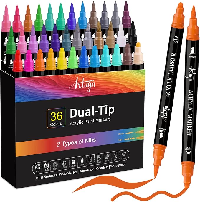 36 Colors Acrylic Paint Pens, Dual Tip Pens With Medium Brush Tip, Paint Markers for Rock Painting, Ceramic, Wood, Plastic, Calligraphy, Scrapbooking, Brush Lettering, Card Making, DIY Crafts