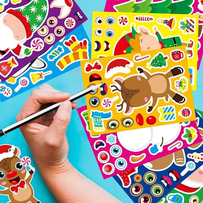 24 Sheets Christmas Stickers for Kids - Xmas Stocking Stuffers, Make-a-face Sticker, Make Your Own Stickers, Christmas Party Games Decorations, Winter Holiday Craft Supplies Xmas Gifts