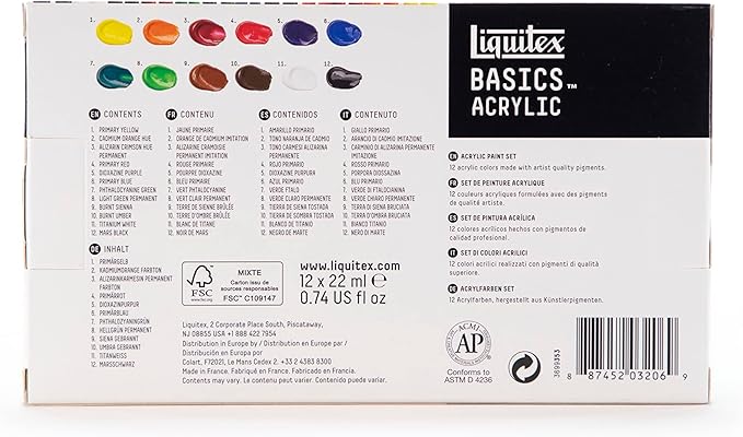 Liquitex BASICS Acrylic Paint Set, 12 x 22ml (0.74-oz) Tube Paint Set