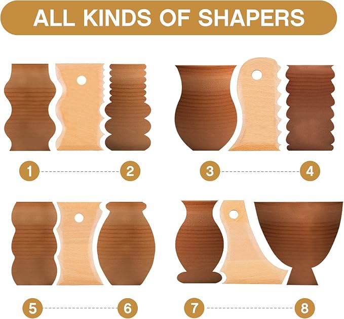 Amylove 7 pcs Big Size Pottery Foot Shaper Tools Pottery Trimming Tools Ceramics Profile Rib Bundle Foot Shaper for for Carving Clay Molds Clay Ceramics, Beech Wood