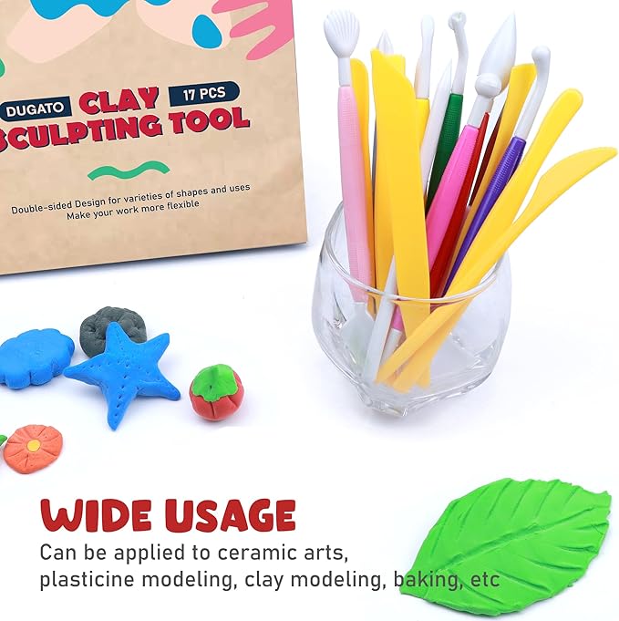 DUGATO Clay Sculpting Tools (17pc Set) - Double-Sided Plastic Modeling Kit for Polymer Clay, Pottery, Fondant & Cake Decorating - Art & Craft Supplies for Beginners & Artists